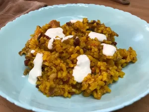 Arroz ibérico con setas y alioli